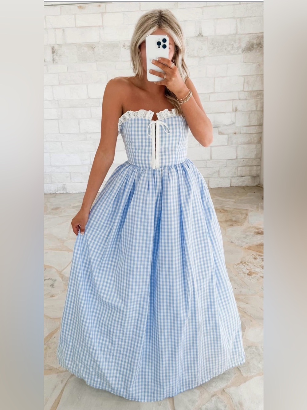 Strapless Blue Gingham Maxi Dress with Lace Trim NWT